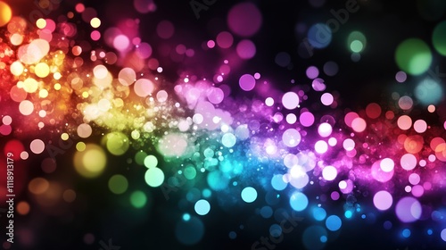 A digital art piece featuring an array of multicolored bokeh lights on a black background