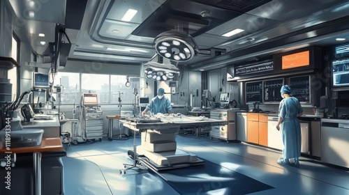 A modern surgical procedure showcasing robotic assistance in a high-tech operating room. Surgeons in masks and scrubs work diligently.