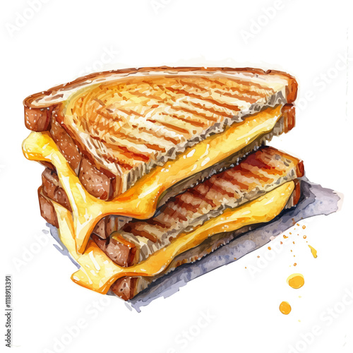 A watercolor of a grilled cheese sandwich, isolated on a white background. Grilled cheese sandwich vector.