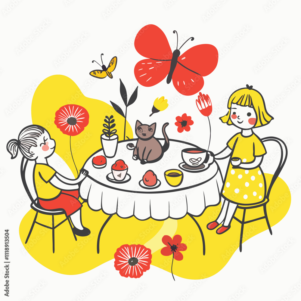 Fototapeta premium Two young girls have a tea party in a garden filled with flowers and a butterfly. A cat joins them at the table