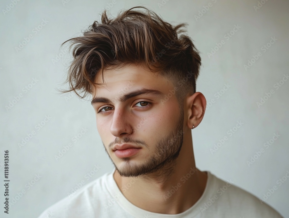 Obraz premium Realistic portrait of a modern man with a trendy haircut, featuring a fade on the sides and longer, textured hair on top styled in a messy, natural look