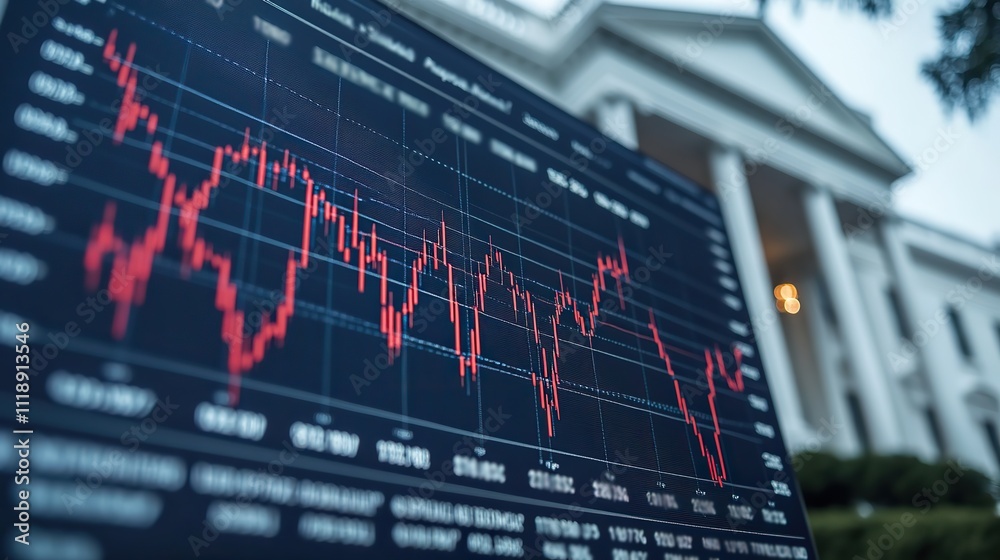 A stock market graph with an American flag and the White House in the backdrop symbolizes economic struggle A stock market graph with an American flag and the White House in the backdrop symbolizes economic struggle