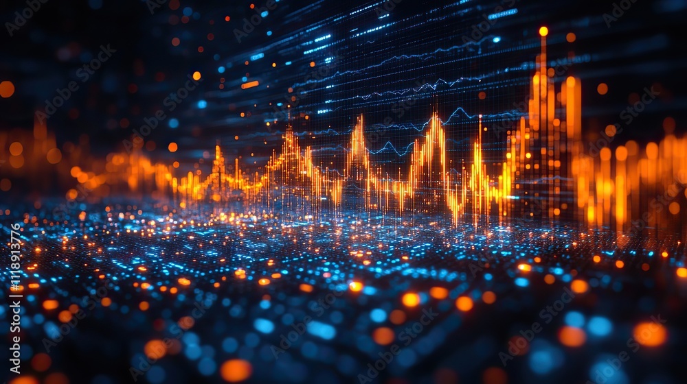 Fototapeta premium A stock market graph with blue and orange lines displays a pattern of movements on an abstract digital background, visualizing market trends and data analysis