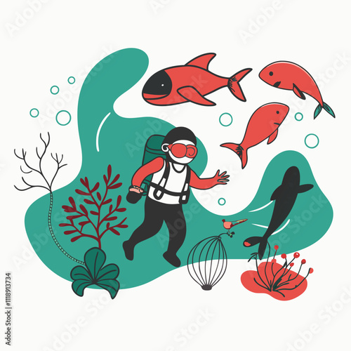 A young child in scuba gear swims through a vibrant underwater landscape surrounded by colorful fish and plants