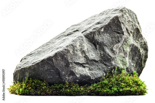 Large gray rock with green moss at its base, cut out - stock png. photo