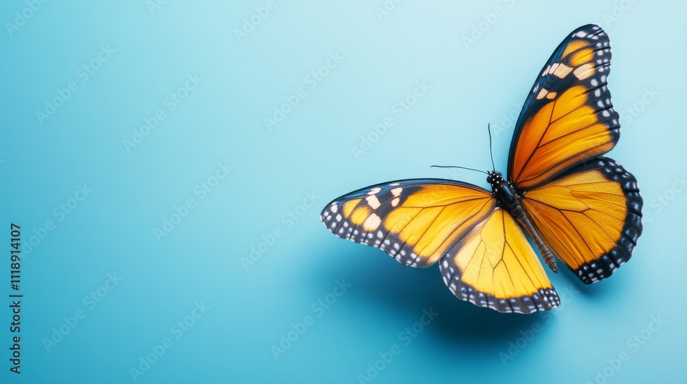 Fototapeta premium Vibrant Butterfly on Soft Blue Background in Minimalist Scene