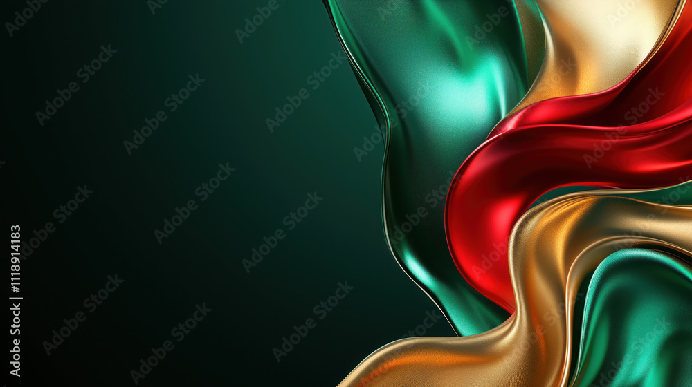 Abstract 3D Flowing Liquid-Like Wave Textures in Emerald, Ruby, and Gold Gradient Abstract 3D Flowing Liquid-Like Wave Textures in Emerald, Ruby, and Gold Gradient