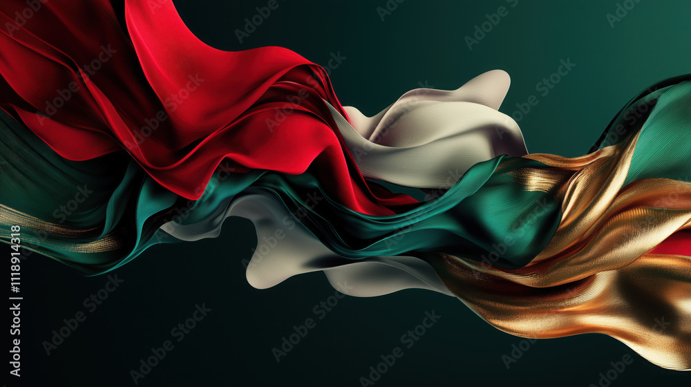 Abstract 3D Flowing Liquid-Like Wave Textures in Emerald, Ruby, and Gold Gradient