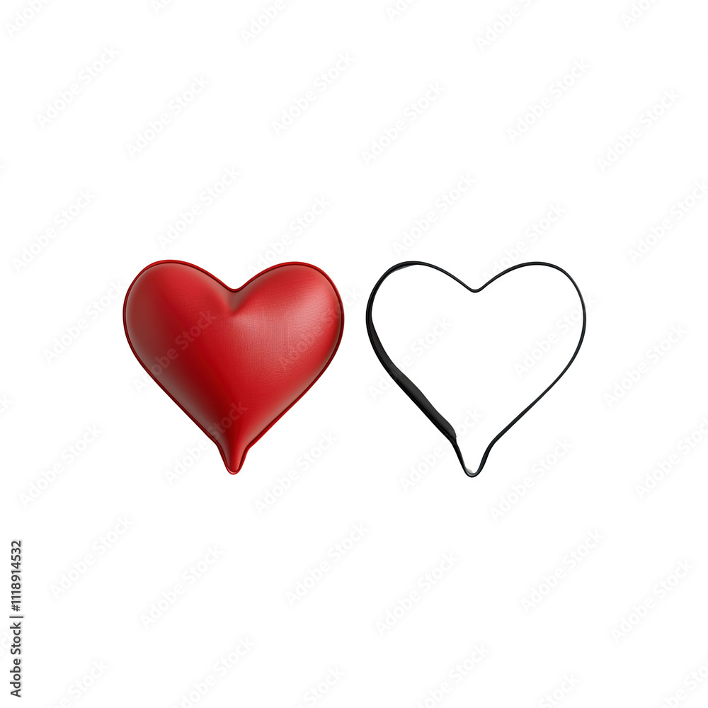 Red 3D Heart with Outline, Valentine's Day Symbol, Love Concept Red 3D Heart with Outline, Valentine's Day Symbol, Love Concept