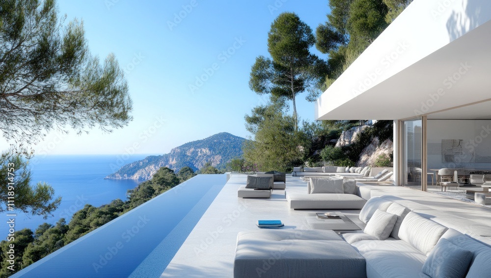 Fototapeta premium Modern villa with infinity pool overlooking ocean.