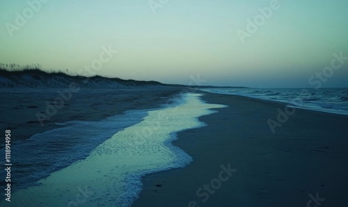 A tranquil beach scene at dusk with gentle waves and soft lighting.