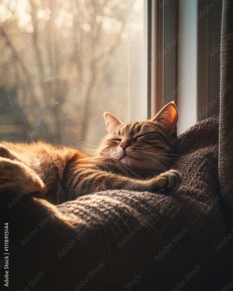 Obraz premium A relaxed cat lounging by a sunlit window.