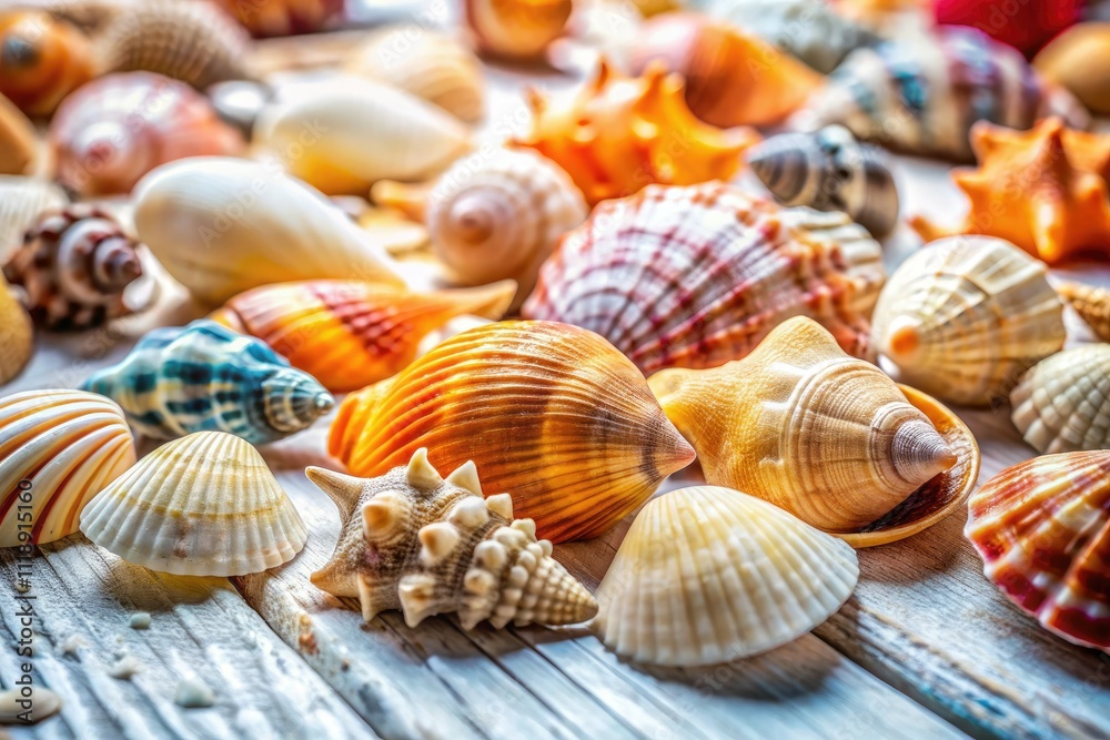 Seashells on Rustic White Wood: Coastal Beach Summer Background Photography Seashells on Rustic White Wood: Coastal Beach Summer Background Photography