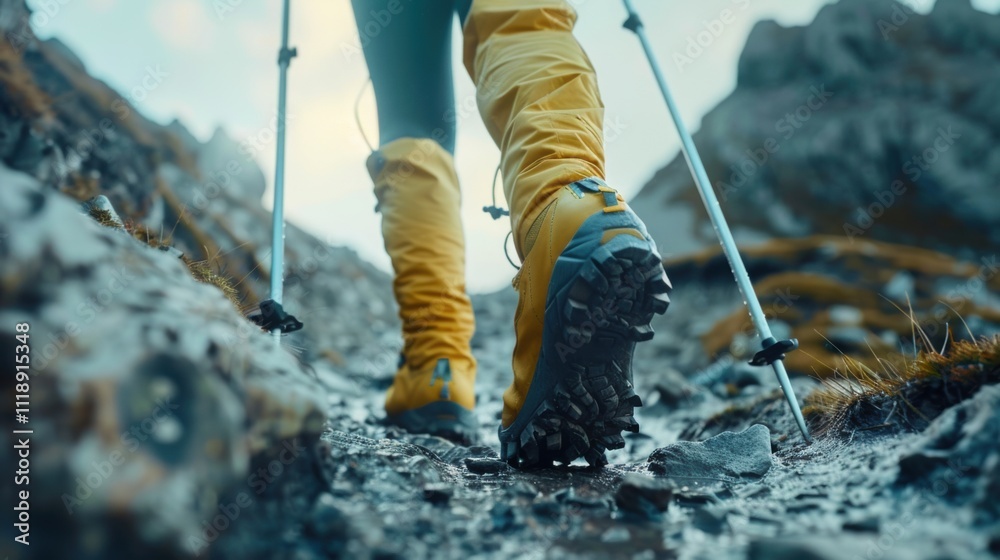 A hiker's foot in yellow gaiters walking on a rocky trail. A hiker's foot in yellow gaiters walking on a rocky trail.