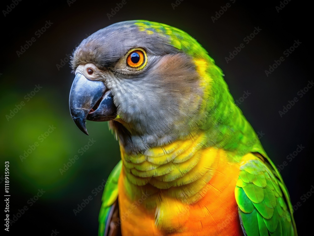 Obraz premium Senegal Parrot Night Photography - Close Up, Bird Portrait, Avian Wildlife, Nighttime Animal
