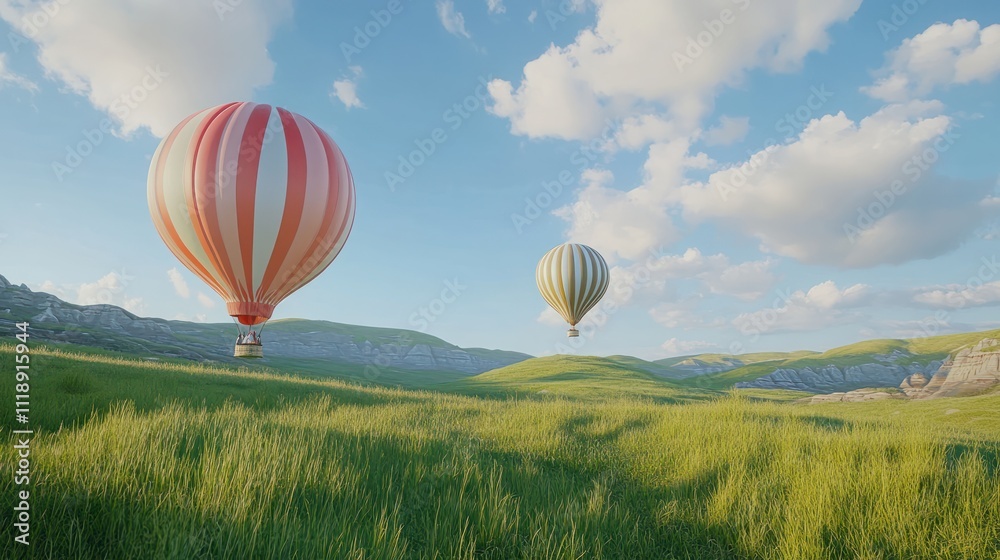 Obraz premium Colorful hot air balloons flying over green hill landscape