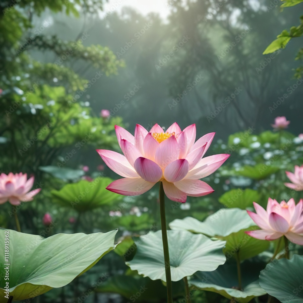 Fototapeta premium A delicate pink lotus flower blooms amidst the greenery, flower fields, Lotus flowers