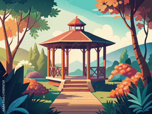 colorful illustration of a charming wooden gazebo in a blooming garden.