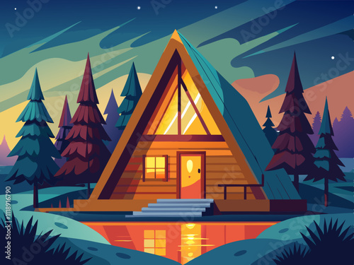 colorful illustration of a cozy A-frame cabin with warm light glowing from its windows.