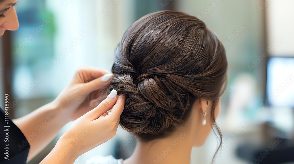 Fototapeta premium A stylist puts the finishing touches on a woman's updo hairstyle.