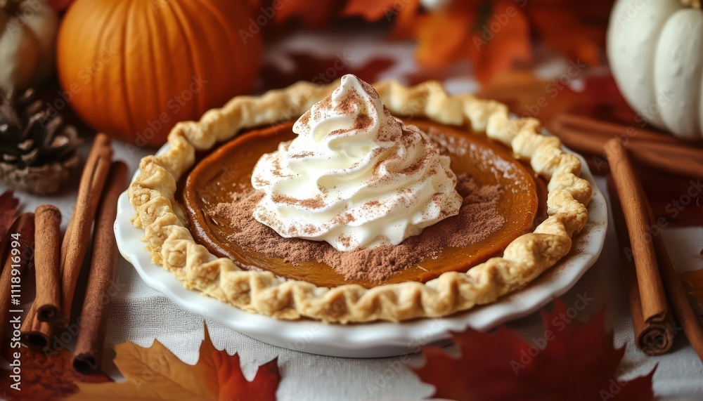 A delicious pumpkin pie topped with whipped cream, surrounded by autumn decor. A delicious pumpkin pie topped with whipped cream, surrounded by autumn decor.