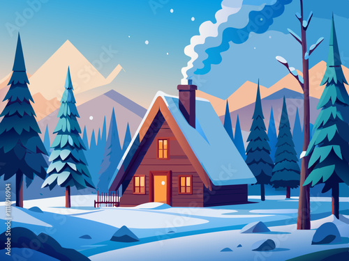 colorful illustration of a cozy mountain chalet with icicles hanging from the roof.