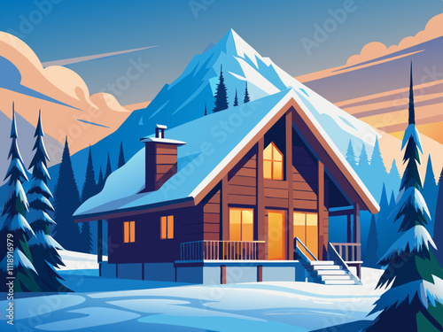 colorful illustration of a cozy mountain chalet with icicles hanging from the roof.