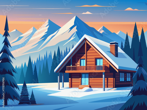 colorful illustration of a cozy mountain chalet with icicles hanging from the roof.