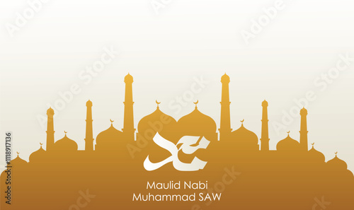 Design for the Prophet Muhammad's birthday. translation: Birthday of the Prophet Muhammad SAW in color. Suitable for greeting cards, flyers and banners on white background