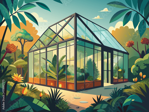 colorful illustration of a glass greenhouse filled with lush plants in a garden setting.