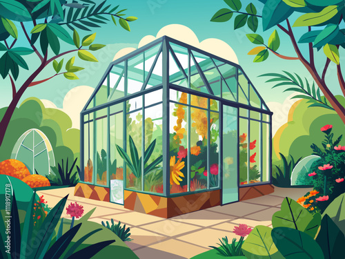 colorful illustration of a glass greenhouse filled with lush plants in a garden setting.