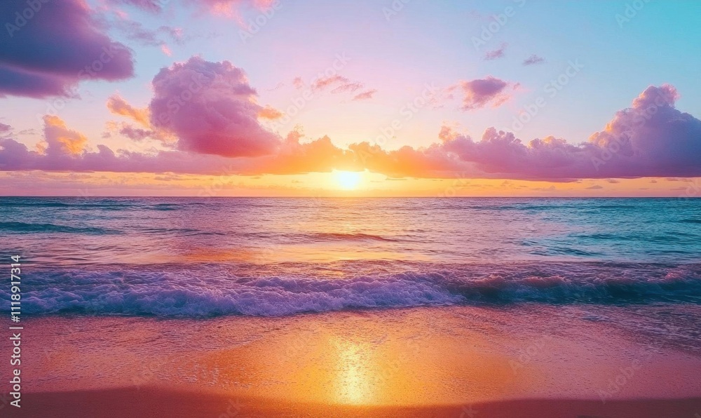 A serene beach at sunset with vibrant colors reflecting on the water. A serene beach at sunset with vibrant colors reflecting on the water.