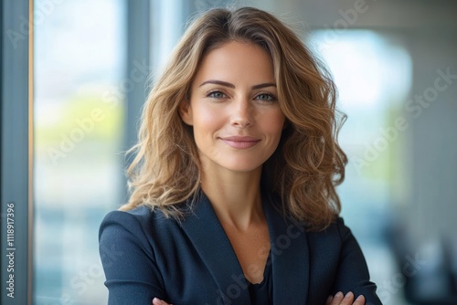 Confident Businesswoman in Modern Office Portrait Standing Arms Crossed Looking at Camera