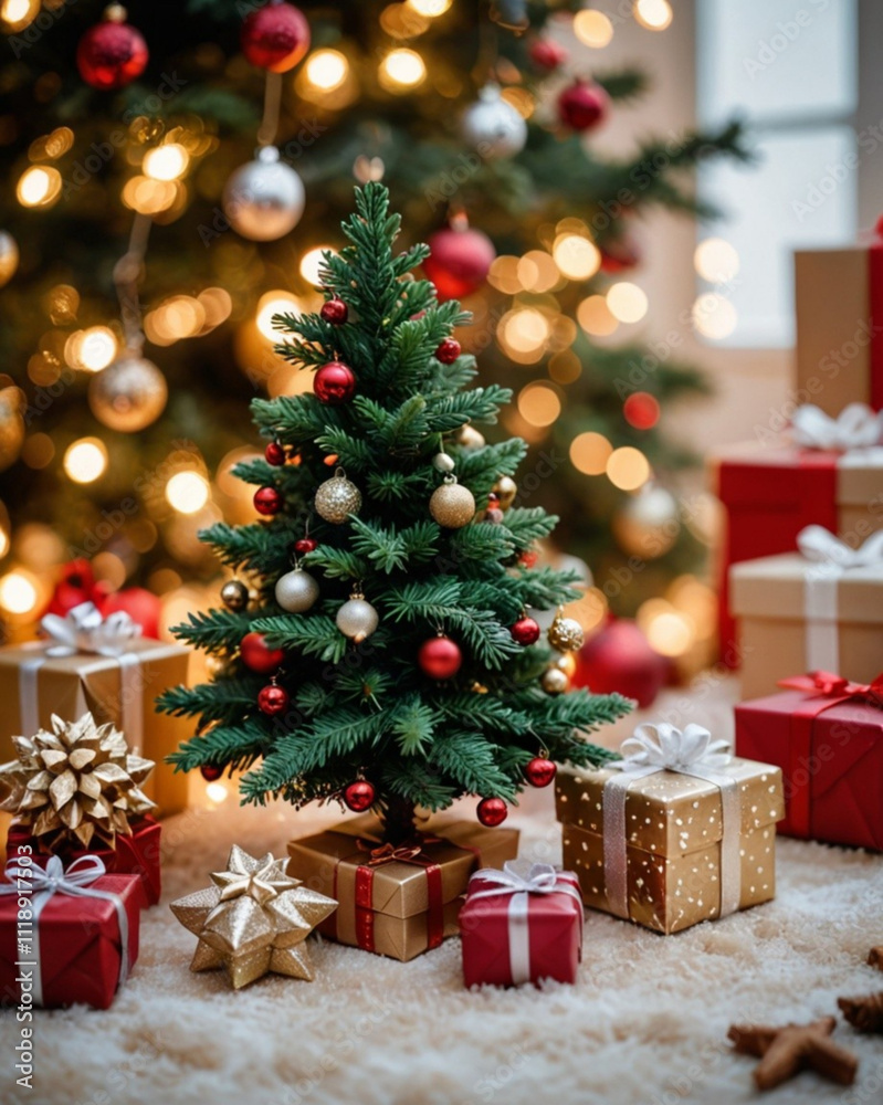 Miniatura de un árbol de navidad rodeado de cajas regalo y un arbol grande con adornos dorados de fondo