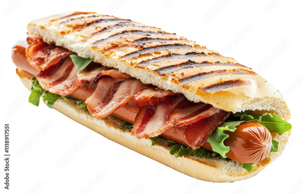 Delicious grilled sandwich with bacon and sausage, cut out - stock png.