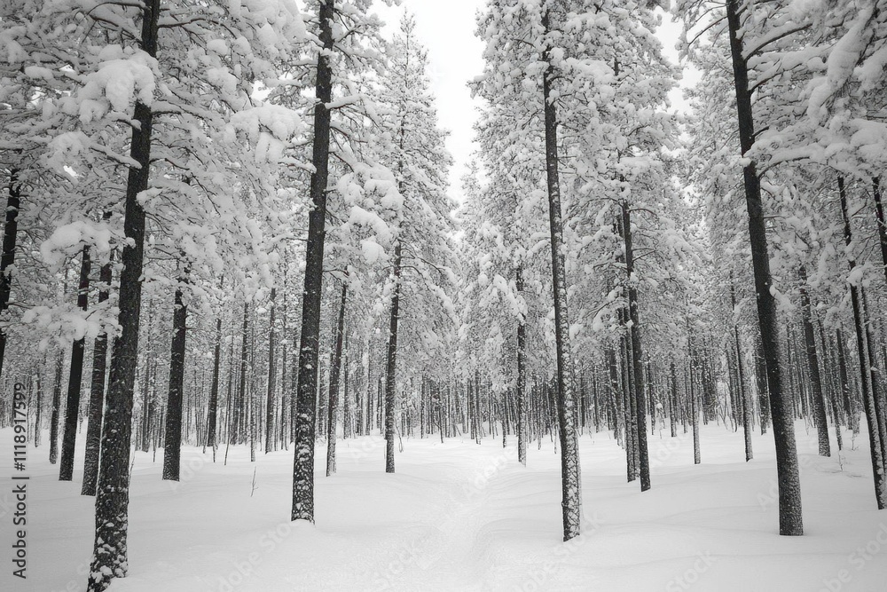 Snow-covered forest with tall trees and a winding path. Snow-covered forest with tall trees and a winding path.