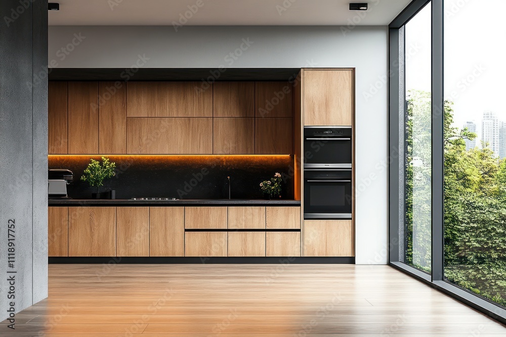 Minimalistic Modern Kitchen with Wooden Cabinets and Sleek Appliances Next to a Blank Wall for Interior Design Inspiration