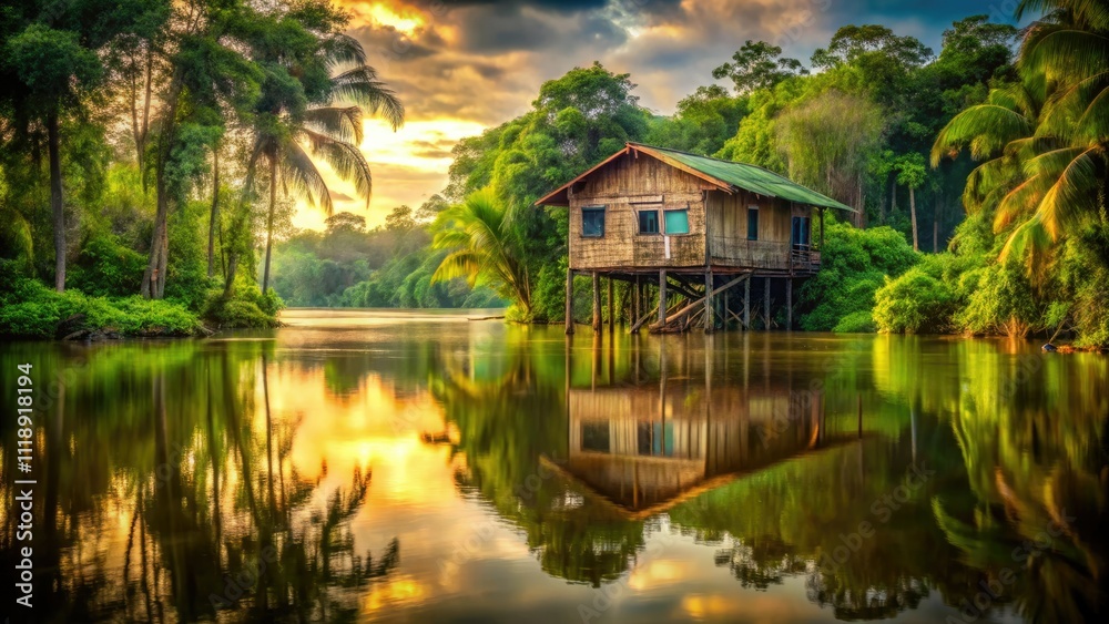 Serene Double Exposure of a Stilt Home Along the Amazon River During High Water Season Serene Double Exposure of a Stilt Home Along the Amazon River During High Water Season