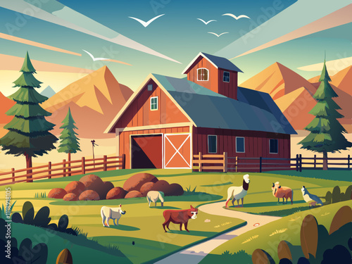 colorful illustration of a rustic wooden barnyard surrounded by grazing animals.