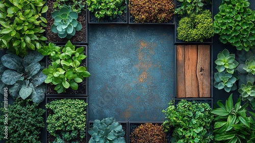 A top-down view of a mood board with materials like greenery, wood, and stone blends natural and creative elements photo