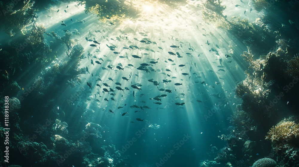 Obraz premium Sunbeams illuminate a school of fish swimming above a vibrant coral reef.