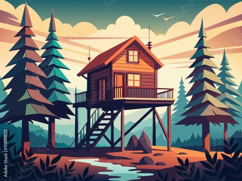 colorful illustration of a rustic wooden treehouse surrounded by towering pines.