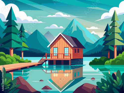 colorful illustration of a serene lakeside cottage with a small dock extending into the water