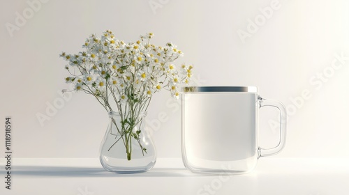 Mug and transparent vase with flowers on a white background. Eco-friendly materials in the decor of the room, minimalism. Copy space, mock up