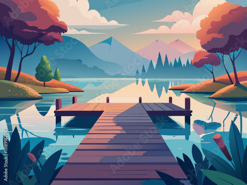 colorful illustration of a serene pond with a wooden dock