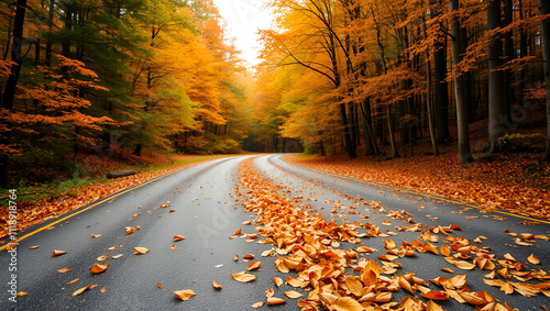 Bright landscape of a road across auttumn forest with fallen orange and yellow leafs photo