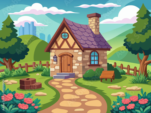 colorful illustration of a small countryside cottage with a stone pathway and flower beds.