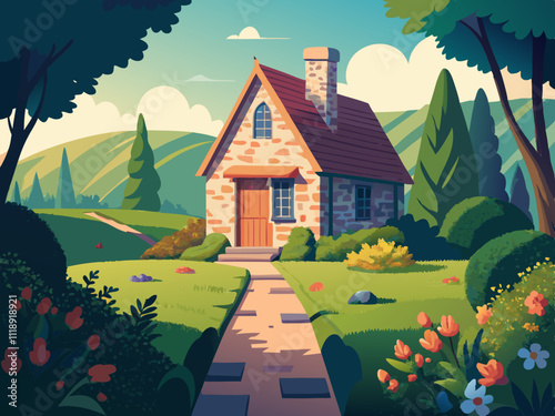 colorful illustration of a small countryside cottage with a stone pathway and flower beds.