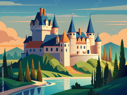 colorful illustration of a traditional European castle with turrets and a surrounding moat.