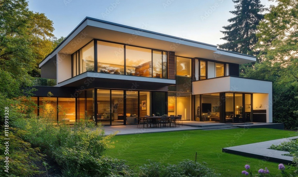 Modern house with large windows surrounded by greenery at sunset. Modern house with large windows surrounded by greenery at sunset.
